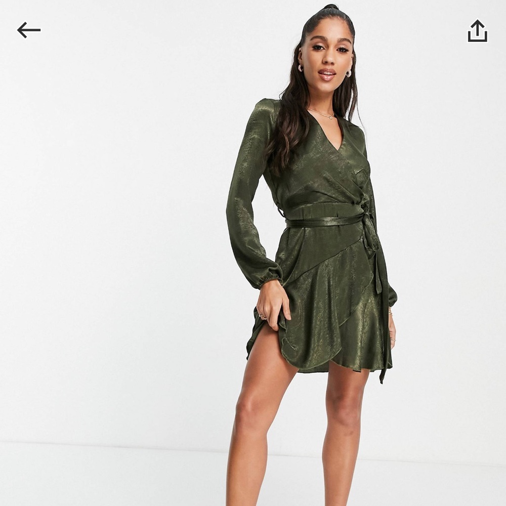 ASOS First Distraction The Label Satin Mini Wrap Dress in Olive